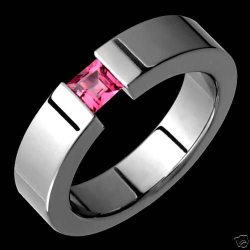 Titanium Pink Tourmaline Tension Set Wedding Band Ring  