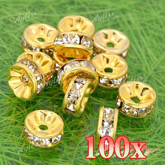  Gold Plated Clear Crystal Glass 8mm Spacer Charm Beads Wholesale 