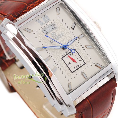 Elegant GOER Square White Face Mens Automatic Date Wrist Watch new 