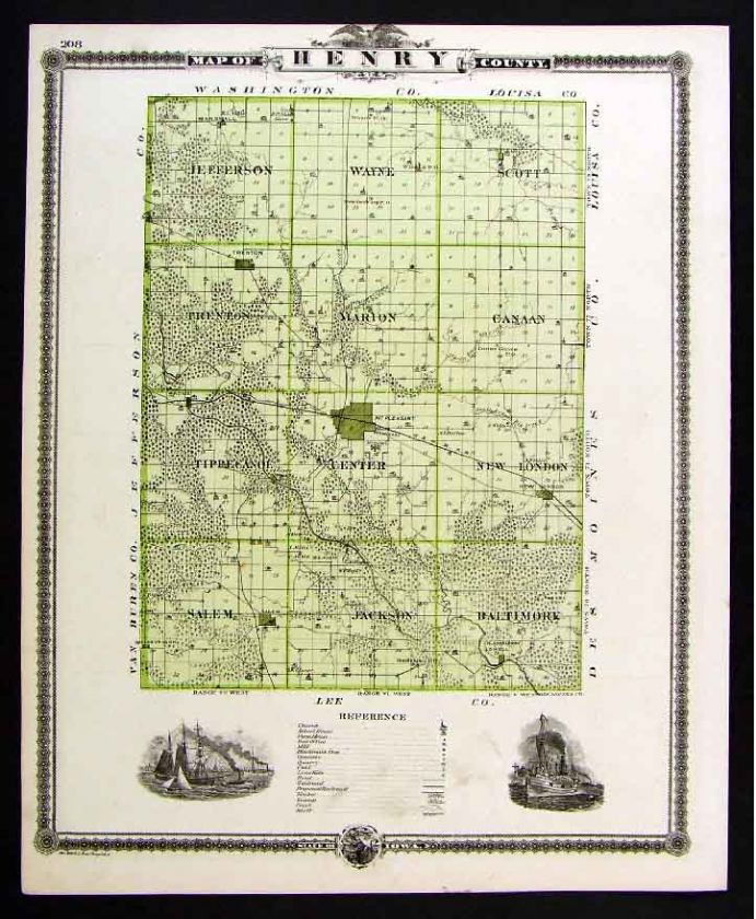 1875 Iowa Map Henry Louisa County Wapello Mt. Pleasant  