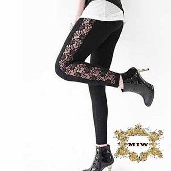 Black Cotton & Side See through Lace Fashion Skinny Pants Leggings Sz 