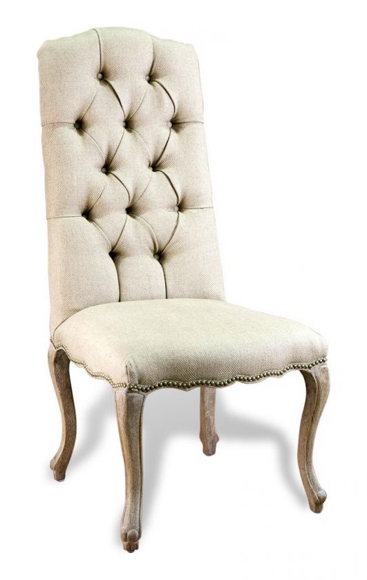 French Country Shabby Chic Oak White Wash Tufted Dining Chair  