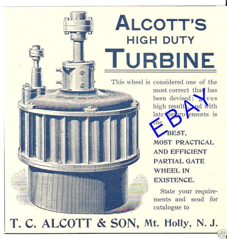1894 ALCOTT GRIST MILL WATER TURBINE AD MT. HOLLY NJ  