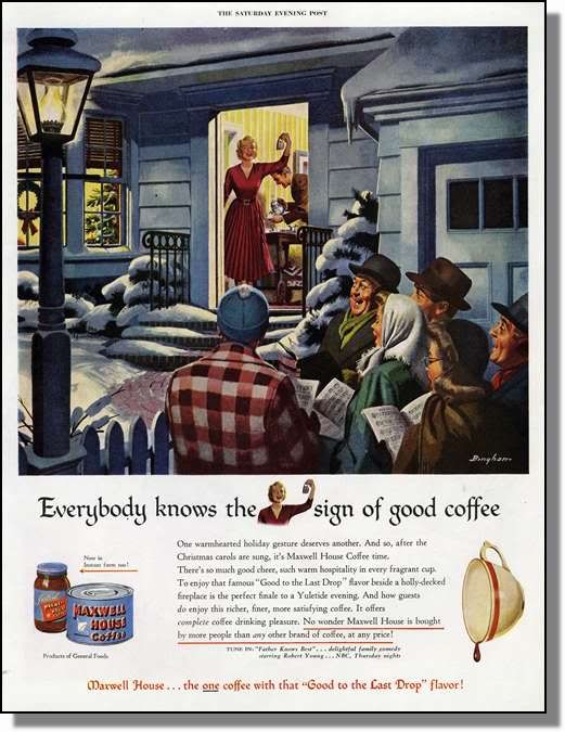 1949 Christmas Carols & Maxwell House Coffee Print Ad  