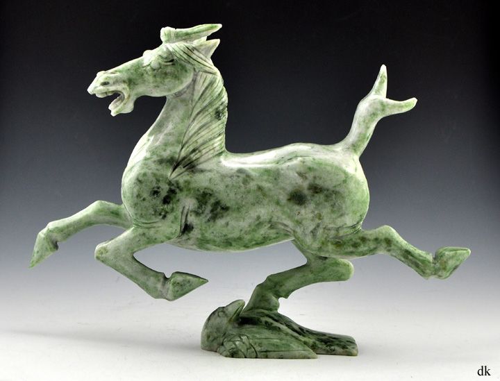 Carved Chinese Green Stone Jade Horse Eagle Figurine  